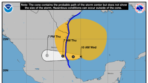 A graphic from the National Hurricane Center shows Alberto's projected path into Mexico and the tropical storm warning spanning Texas' Gulf Coast as a result.