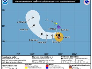 A forecast cone shows the expected movements of Hurricane Nolo as it approaches the Hawaiian archipelago.