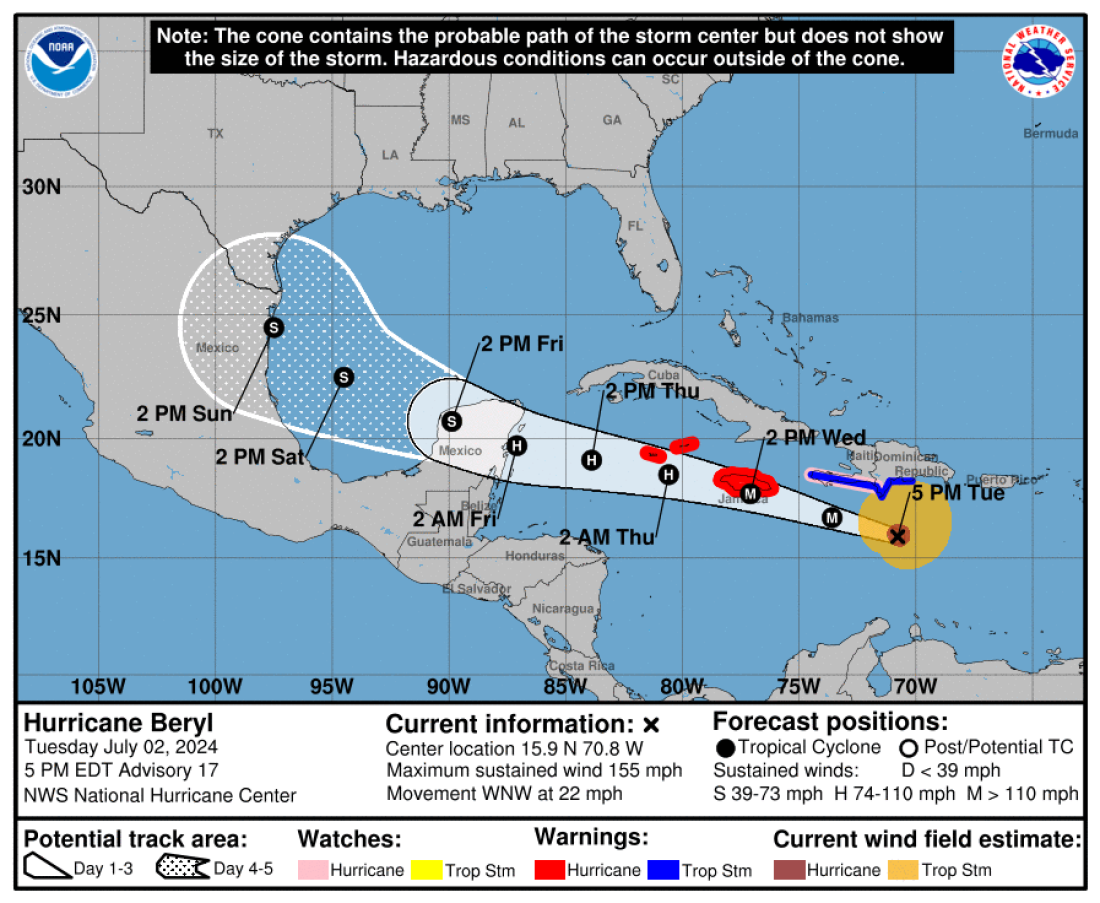 A graphic from the National Hurricane Center shows the projected path of Hurricane Beryl.
