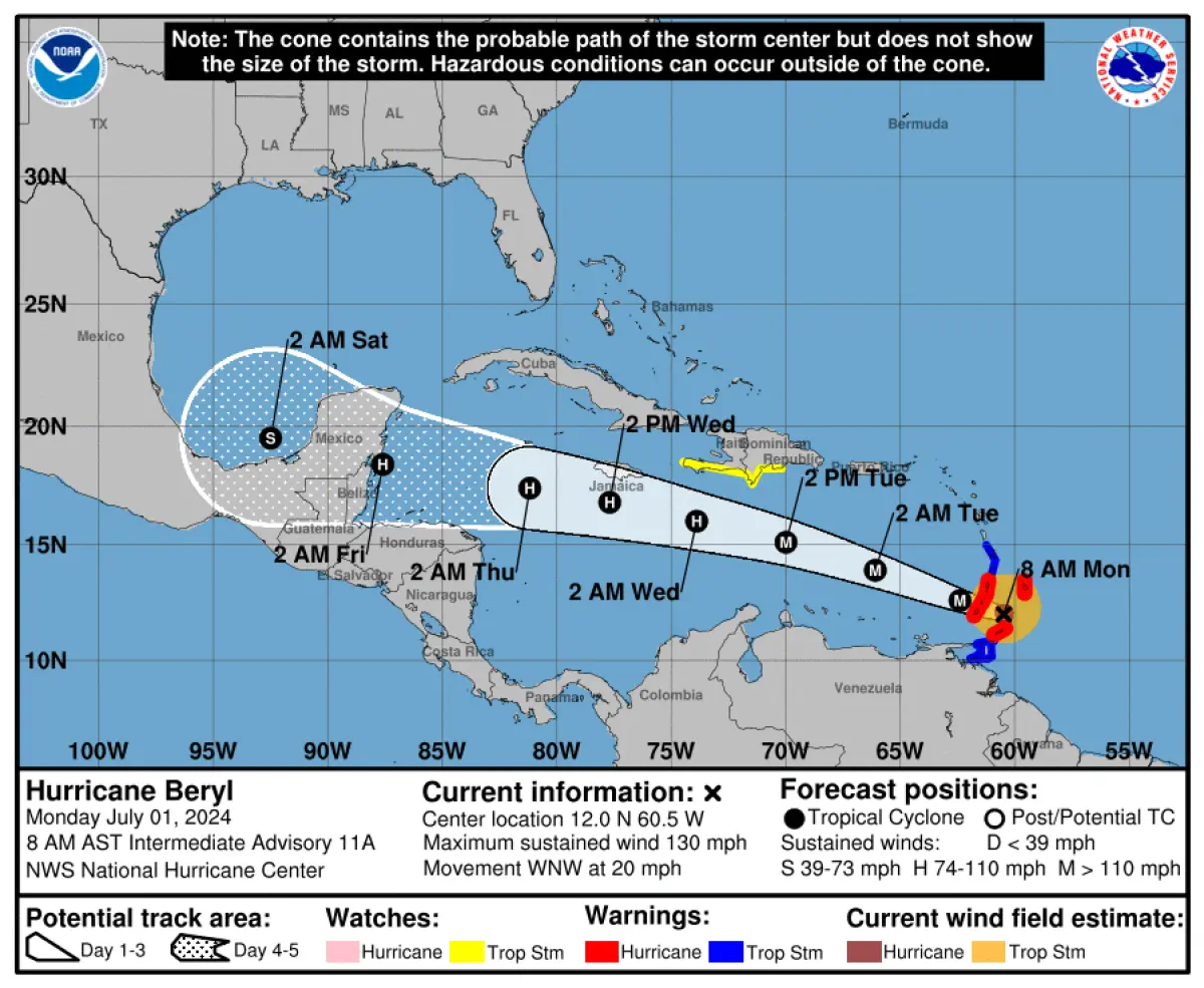 Beryl's Path Hurricane Beryl grows to Category 5 strength in the southeast Caribbean ...