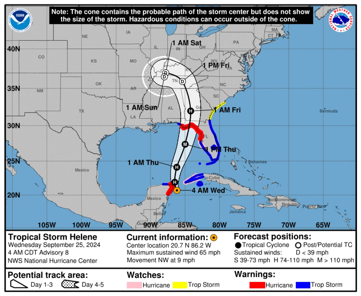 The National Hurricane Center warns that Helene will hit Florida as a powerful hurricane on Thursday, and bring wind and rain inland in the coming days.