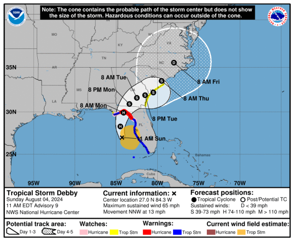 A graphic shows the projected path of Tropical Storm Debby as it crosses Florida, Georgia and South Carolina.