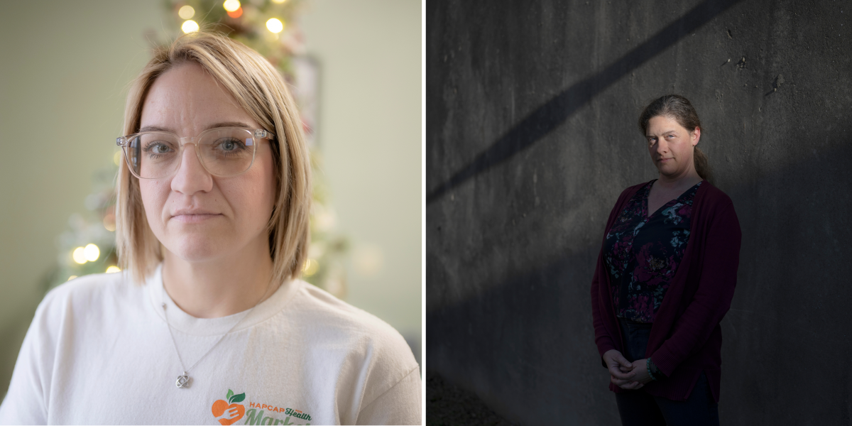 Kelsey Sexton (left) had her hours as a desk clerk at HAPCAP cut in half. Megan Riddlebarger (right) heads the Corporation for Ohio Appalachian Development and says anti-poverty agencies are important for local economies in this rural region.