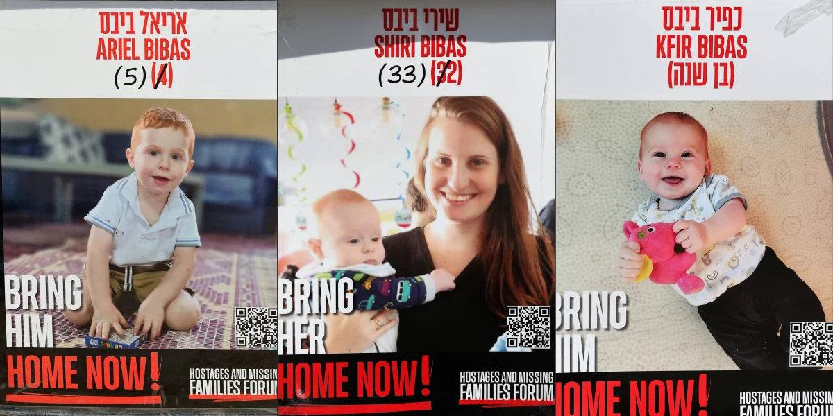 This combination of pictures created on February 20, 2025 shows posters bearing the portraits of Israeli hostages Shiri Bibas (C) and her two children Ariel (L) and Kfir (R), held in the Gaza Strip since the October 7, 2023 attack by Hamas militants, set up on a square outside the Tel Aviv Museum of Art, on January 21, 2025.