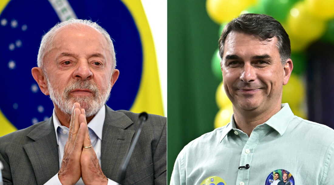A combination of file photos shows Brazil’s President Luiz Inácio Lula da Silva in Brasília on Oct. 1, 2026, and presidential candidate Flávio Bolsonaro at a rally in Belo Horizonte on Aug. 17, 2026. The two face off in the Oct. 25 runoff.