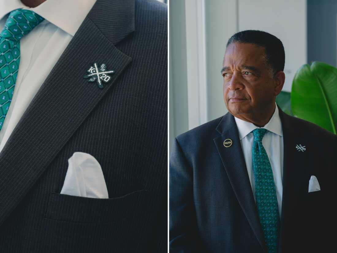 New Orleans District D. Councilman Eugene Green wears a badge of remembrance in honor of 20 years since Hurricane Katrina.