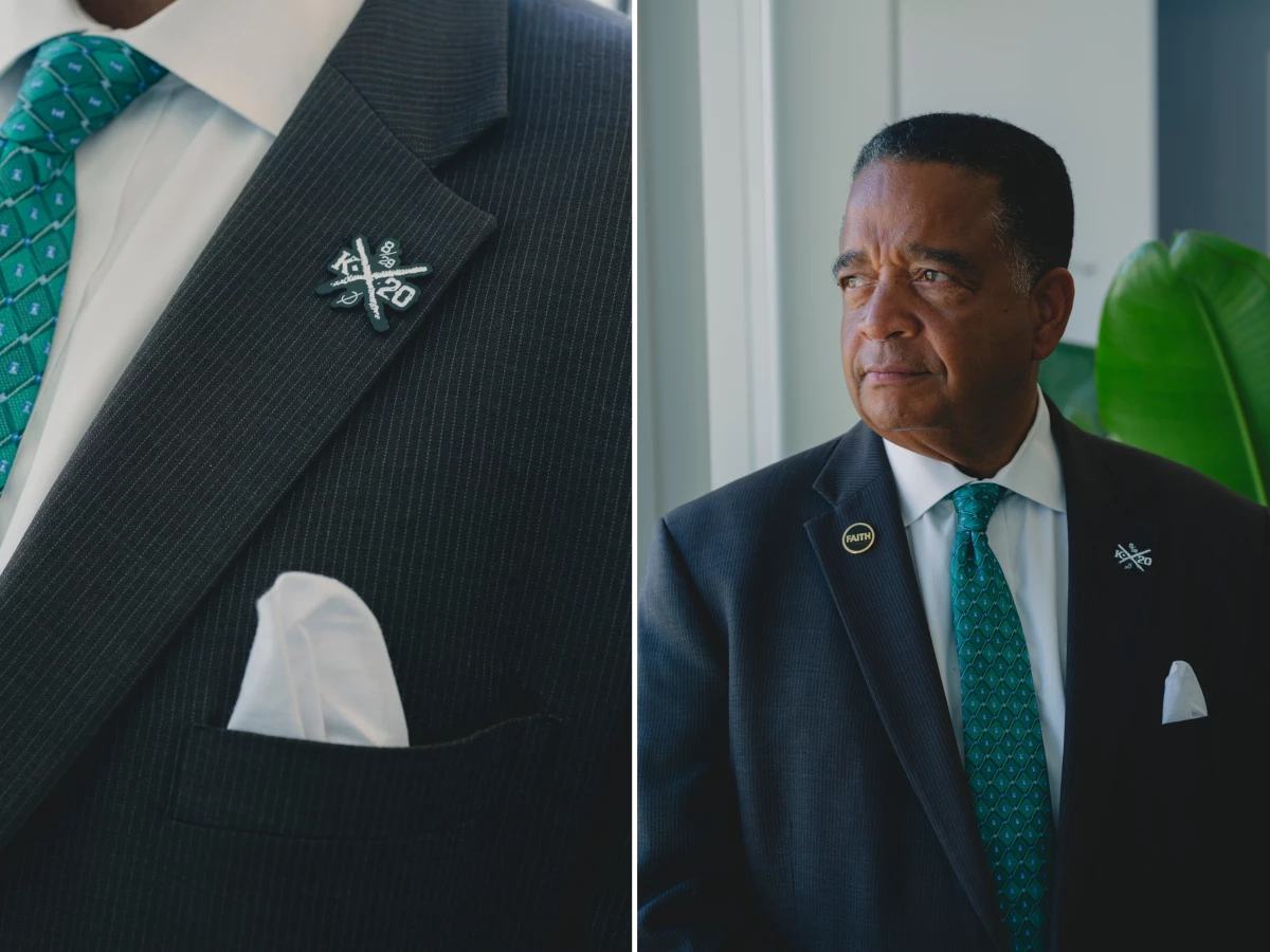 New Orleans District D. Councilman Eugene Green wears a badge of remembrance in honor of 20 years since Hurricane Katrina.