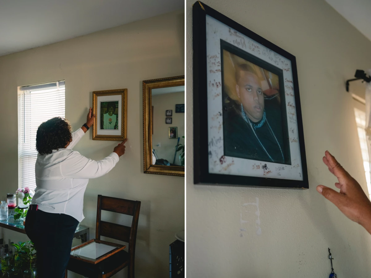 Marguerite Doyle Johnston touches a framed photograph of her son Chivas, who was killed on January 13th 2007 while living in a FEMA trailer nextdoor. Johnston is a lifelong resident of the Desire/Florida neighborhood in the Upper 9th Ward in New Orleans, Louisiana.
