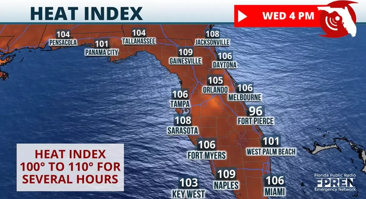 Expected heat index values across Florida on Wednesday, June 8.