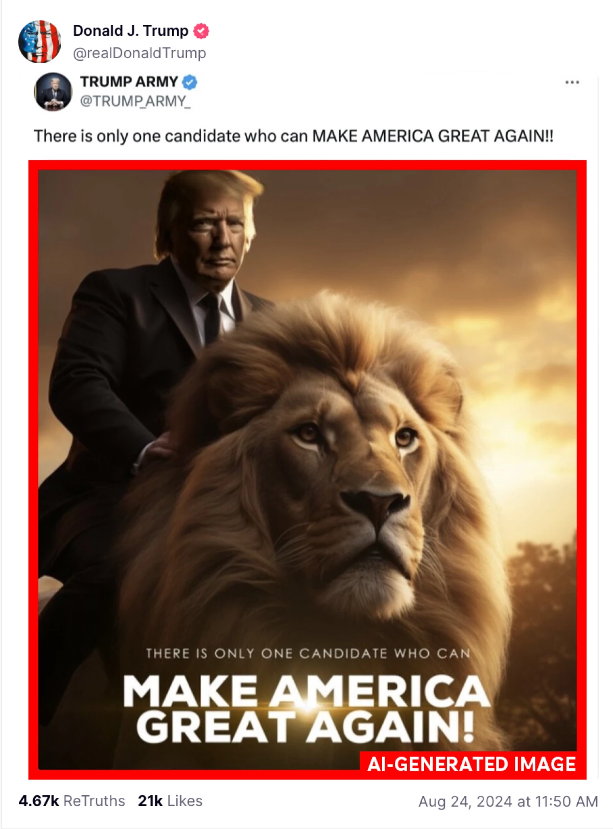 An AI-generated depiction of Donald Trump riding a lion. The image was first posted by a Trump supporter on X before Trump reposted the depiction on his Truth Social account. Trump has embracing reposting AI-generated images created by his supporters. NPR added the borders to the image to make clear the image was AI-generated.