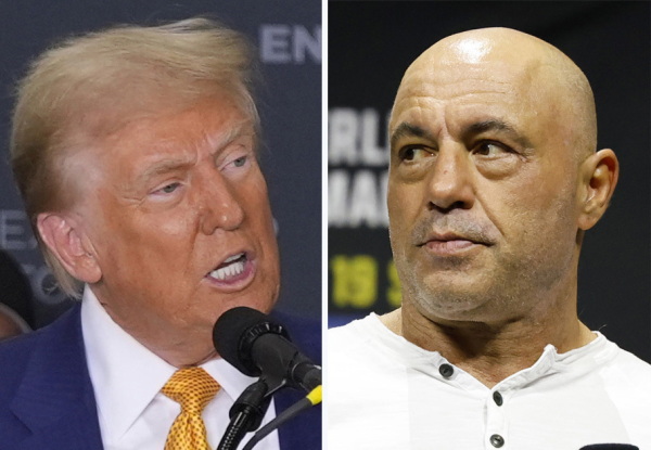 Former President Donald Trump — seen here during a news conference on Oct. 25, 2024, in Austin, Texas, — did an interview last week with podcaster Joe Rogan, seen here in an Aug. 18, 2023 file photo.