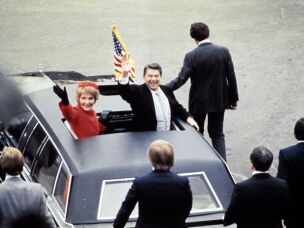 President Ronald Reagan waves beside his wife, Nancy Reagan, after being sworn in as 40th president of the United States by Chief Justice Warren Burger on Jan. 20, 1981, at the Capitol in Washington, D.C.