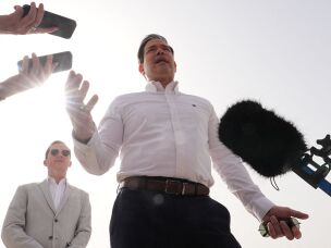 Secretary of State Marco Rubio speaks to journalists before boarding his plane at Indira Gandhi International Airport in New Delhi on May 25.