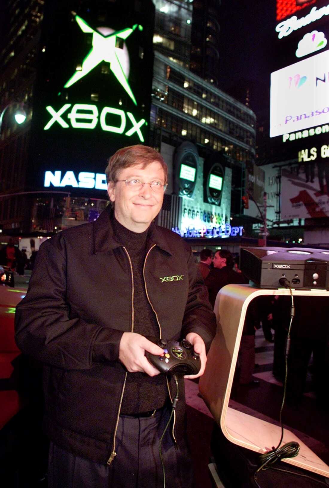 Bill Gates stands in New York’s Times Square days ahead of the original Xbox release in 2001.