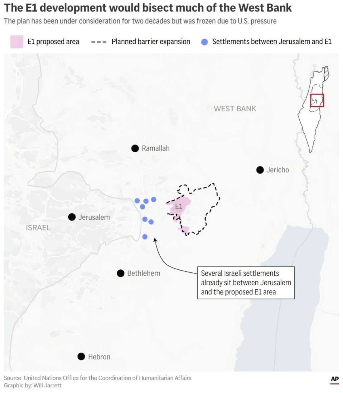This map shows the proposed area of the E1 settlement, alongside a depiction of existing settlements between it and Jerusalem.