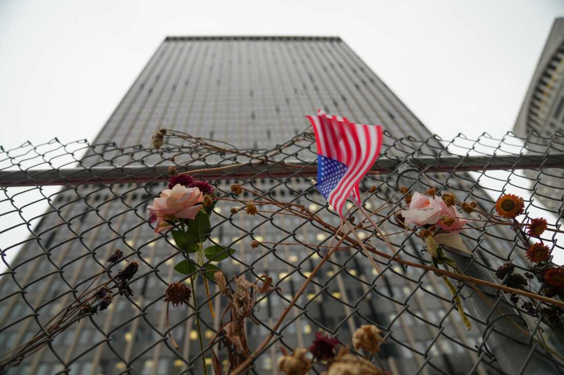 American flags hang outside New York City's immigration court at 26 Federal Plaza, on Aug. 18, 2025.
