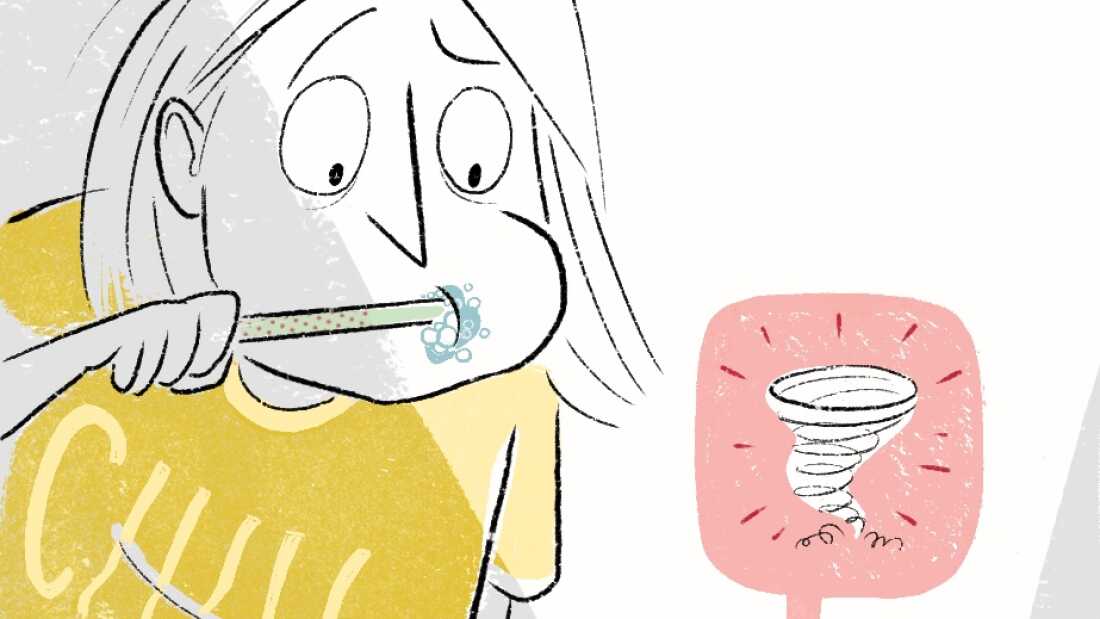 An illustrated comic panel shows a woman brushing her teeth as she leans over a phone that shows an emergency tornado warning, depicted by a red speech bubble emanating from the phone with a drawing of a tornado. Text at the top of the panel reads: "Stress can make us panic and impair our ability to make lifesaving decisions."