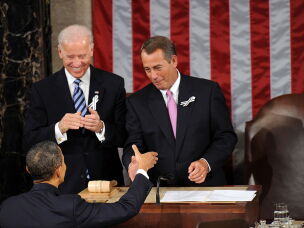 President Barack Obama is greeted by House Speaker John Boehner and Vice President Joe Biden prior to delivering his State of the Union address in January 2011 at the U.S. Capitol in Washington, D.C.