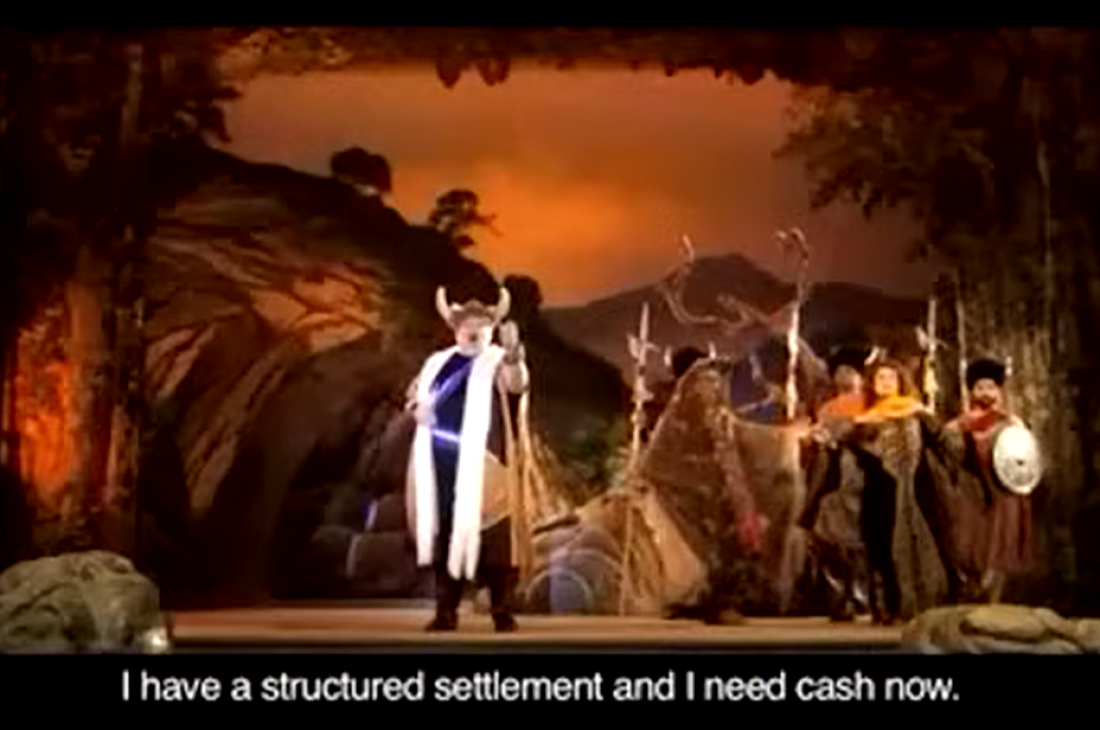 A still from J.G. Wentworth's "Viking Opera" commercial.