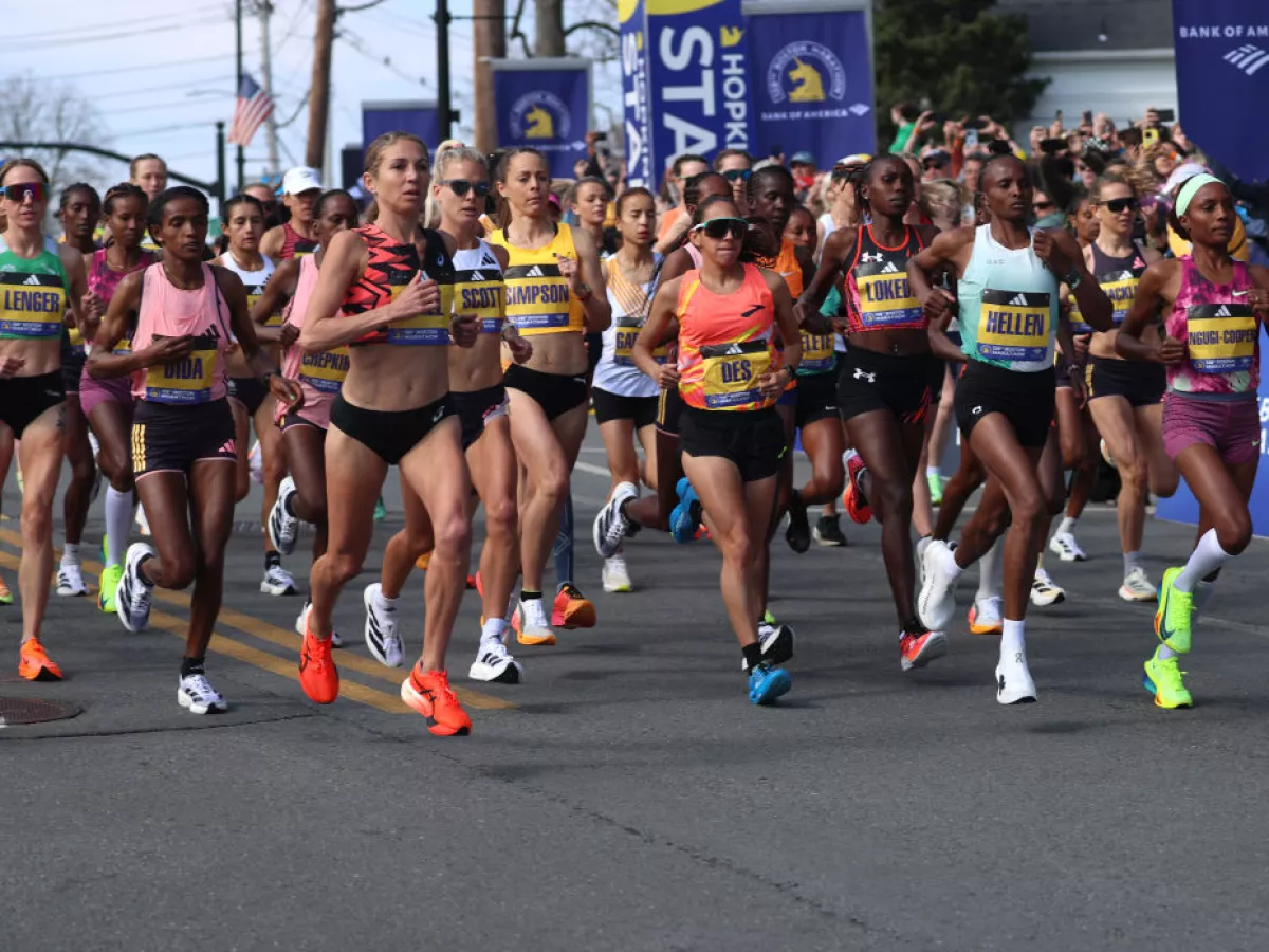 Women runners at the start of the 2024 Boston Marathon. Women couldn't officially compete in this race until 1972.