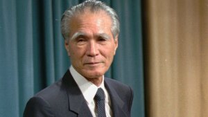 FILE - Japanese Prime Minister Tomiichi Murayama stands before reporters prior to his statement of war remorse at the prime minister's official residence in Tokyo, Aug. 15, 1995.