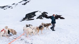 In this photo, Stella Davidsen Olsen helps guide her sled dogs to turn around and head back home. They're surrounded by a snow-covered landscape.