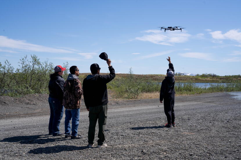 Students launch a drone as part of a training course offered by Qanirtuuq Corporation subsidiary Nalaquq in Quinhagak on June 9, 2026.