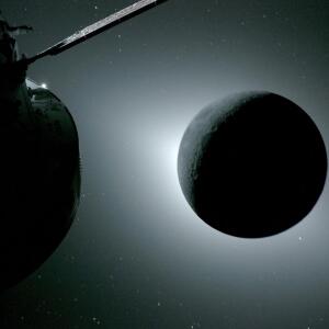 The moon, seen here backlit by the sun during a solar eclipse on Monday, is photographed by one of the cameras on the Orion spacecraft’s solar array wings