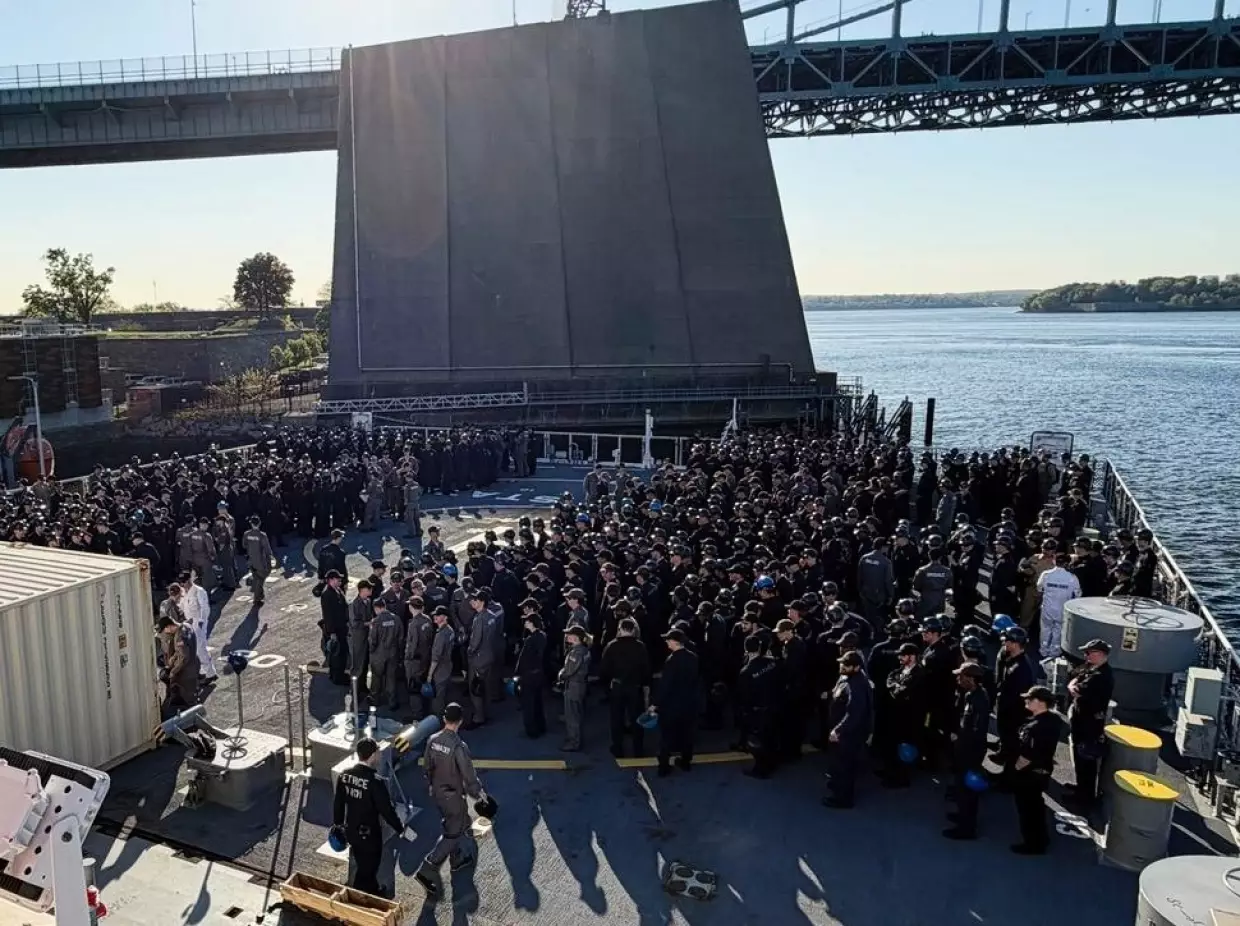 Students on the aft deck of the Empire State VII preparing for this year's summer cruise. They'll sail to Charleston, S.C., Málaga, Spain and Belfast, Northern Ireland before returning to New York.