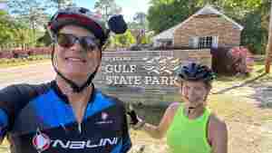 On his long bike ride from St. Augustine, Florida to New Orleans, Louisiana, John Burnett was often joined by his wife Margaret Justus, who pedaled part of the route and drove a support vehicle the rest of the way.