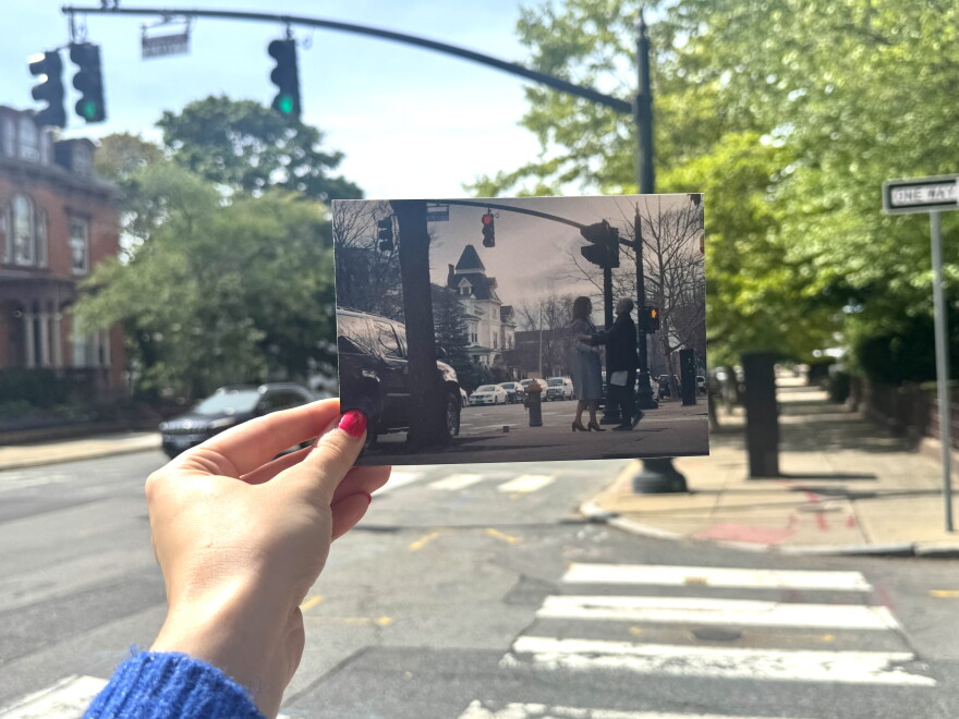 "Ella McCay" shows off the East Side of Providence, like in this scene, shot on Almy Street. Credit: Allison Magnus/Ocean State Media