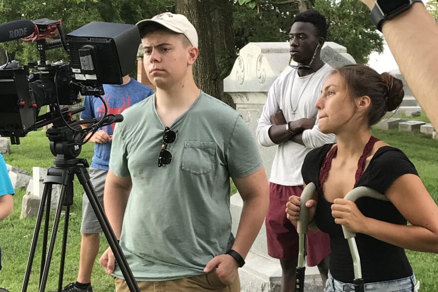 Actors Luis Portilo and Anna Riggins prepare for the final scene of 'Gold Stones.'