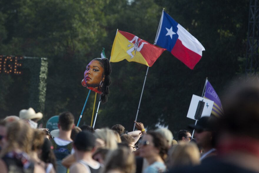 Lizzo makes an appearance, in the form of a totem, before her show at ACL Fest Sunday evening of weekend one.