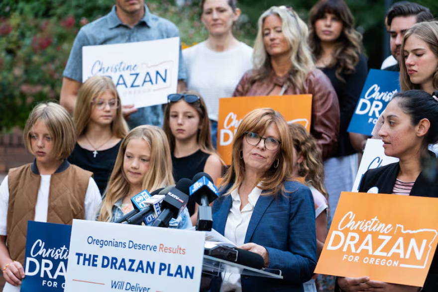 Republican candidate for Oregon governor Christine Drazan speaks during a press conference at Terry Schrunk Plaza in downtown Portland, Ore., on Aug. 25, 2026.