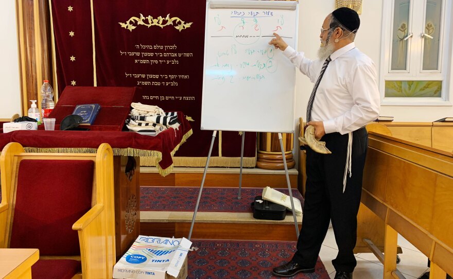 Teaching a shofar-blowing course, Adouar indicates how to take breaths during the traditional rhythms of the shofar during prayers.