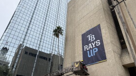 On Sept. 29, 2026, Tampa city leaders unfurled a Tampa Bay Rays banner on the Tampa Municipal Office Building in downtown. The Rays enter postseason play on Oct. 3. 