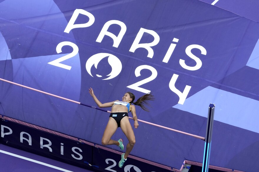 Yelizaveta Matveyeva, of Kazakhstan, makes an attempt during the women's high jump qualification at the 2024 Summer Olympics, Friday, Aug. 2, 2024, in Saint-Denis, France.