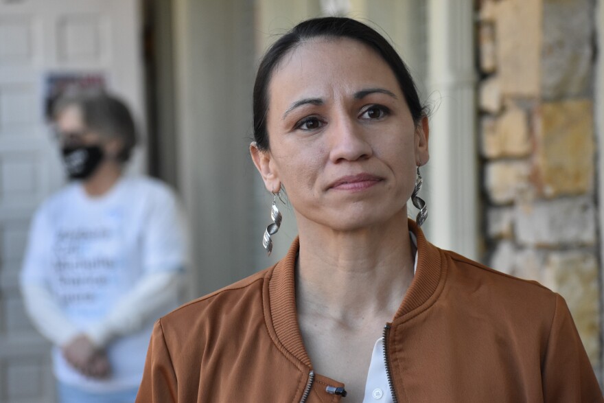 U.S. Rep. Sharice Davids speaks to the media on Nov. 2.