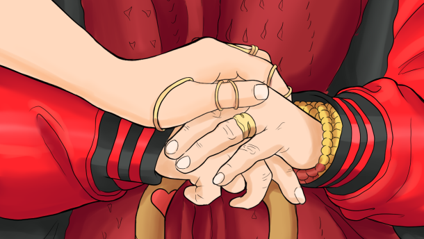 An illustration of three hands resting on a cane. The person resting two hands on the cane is white, wearing a red scark and black and red jacket with gold jewelry. The other person is also white, and has one hand resting on the other person's hands, wearing gold mobility devices on their fingers. The text "Embodied" is written in green across the top of the image.