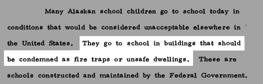 At a 1971 congressional hearing, Sen. Mike Gravel described conditions in public schools operated by the U.S. Bureau of Indian Affairs. (Obtained by KYUK and ProPublica. Highlighted by ProPublica.)