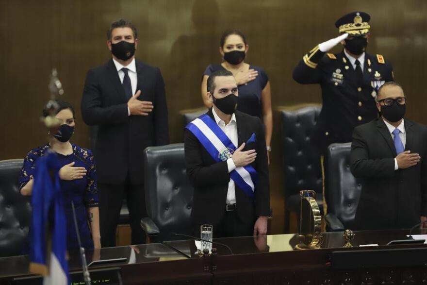 Salvadoran President Nayib Bukele (center, wearing sash) at the Congress in San Salvador in June.