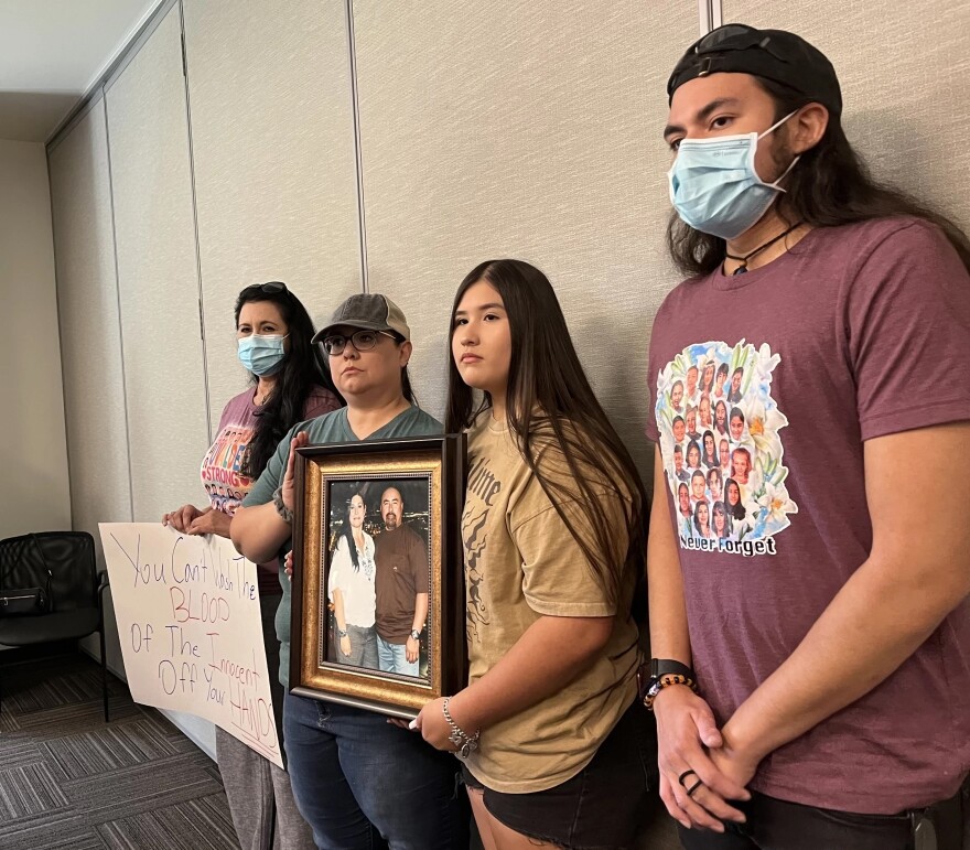 Relatives of Irma and Joe Garcia, including Irma's sister Velma Duran and their 16-year-old daughter Lyliana, attended Uvalde's city council meeting June 30, 2022.