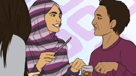 An illustration featuring three people sitting around a table. The person all the way to the left has long brown hair and has a salad in front of them, with their back to the viewer. The person in the middle is wearing a purple striped hijab and is talking to the person on the right, with a knife in the air as if they're moving their hands in conversation. The person on the right has short brown hair and darker skin, a septum piercing and one earing. That person has a drink in front of them and a book on the table. The words "Embodied Expanded" are in the upper right hand corner of the illustration.