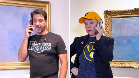 two images of people standing in front of paintings while talking on the phone, a man in a rays tshirt on the left and a woman in a milwaukee brewers tshirt (and a black blazer) on the right 