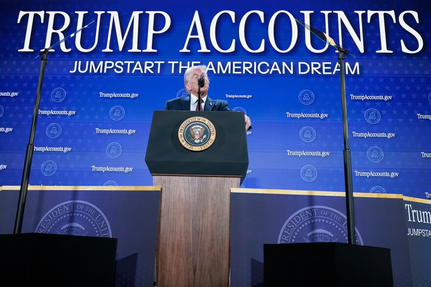 A screen displays information about Trump Accounts on the floor at the New York Stock Exchange in New York, Monday, July 6, 2026.