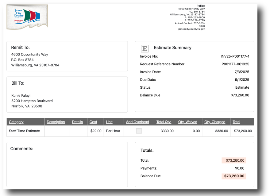 An invoice received from James City County for a FOIA request filed by VCIJ