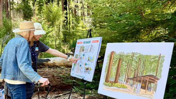 Bonny Hawley shows Barbara Reyneri a rendering of the Redwood Ecology Interpretive Center that her donation will fund.