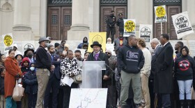 More than 200 people gather on the steps of the Mississippi Capitol on Jan. 31, 2023, to protest against a bill that would expand the patrol territory for the state-run Capitol Police within the majority-Black city of Jackson and create a new court with appointed rather than elected judges. (Rogelio V. Solis/AP)