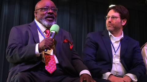 Greg Evans (left) and Tai Pruce-Zimmerman (right), candidates for Ward 6, at City Club of Eugene, April 3, 2026.