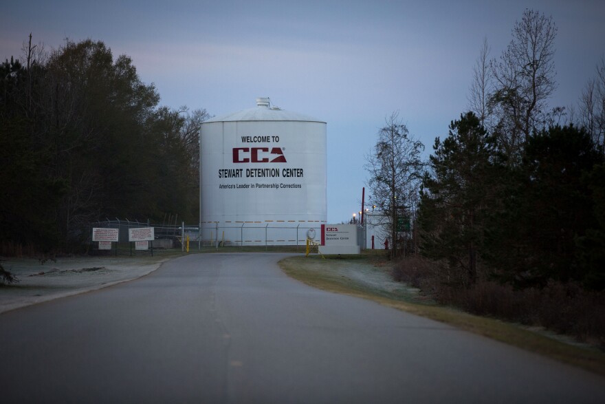 The entrance to the Stewart Detention Center, in Lumpkin, Ga. The facility is operated by a private prison company and holds immigrant detainees awaiting their hearings.